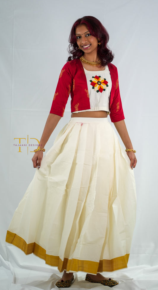 Kerala Kasavu Pavadai (skirt) with Crop top -Flower carpet theme and Jacket