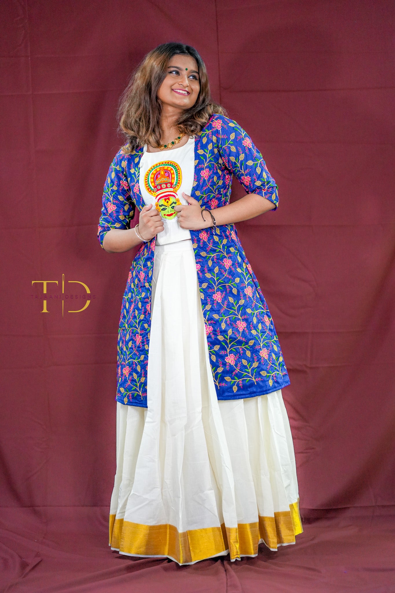 Kerala Kasavu Pavadai (skirt) with Crop top with Kathakali theme and Long Jacket