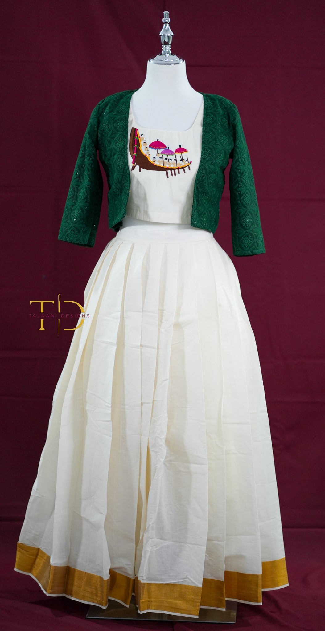 Kerala Kasavu Pavadai (skirt) with Crop top with Kerala Boat theme and Long Jacket